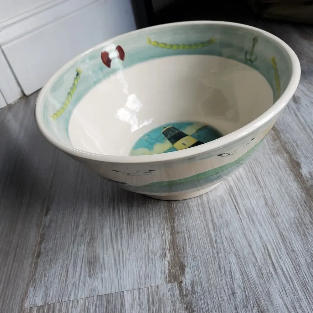 Oxney Green Hand Painted Large Bowl Lighthouse Nautical Seagull Boat Beach House
